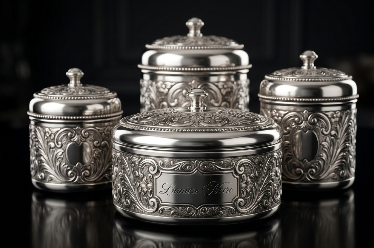 Lumière Noire packaging — archived engraved canister concept